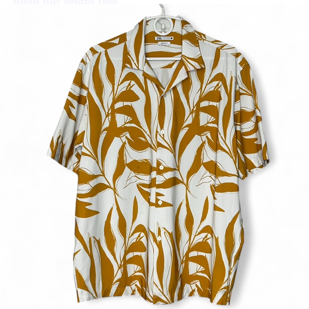 ZARA Gold and White Leaf Print Shirt XL/44 , Button-Up Short Sleeve Exelent Cond